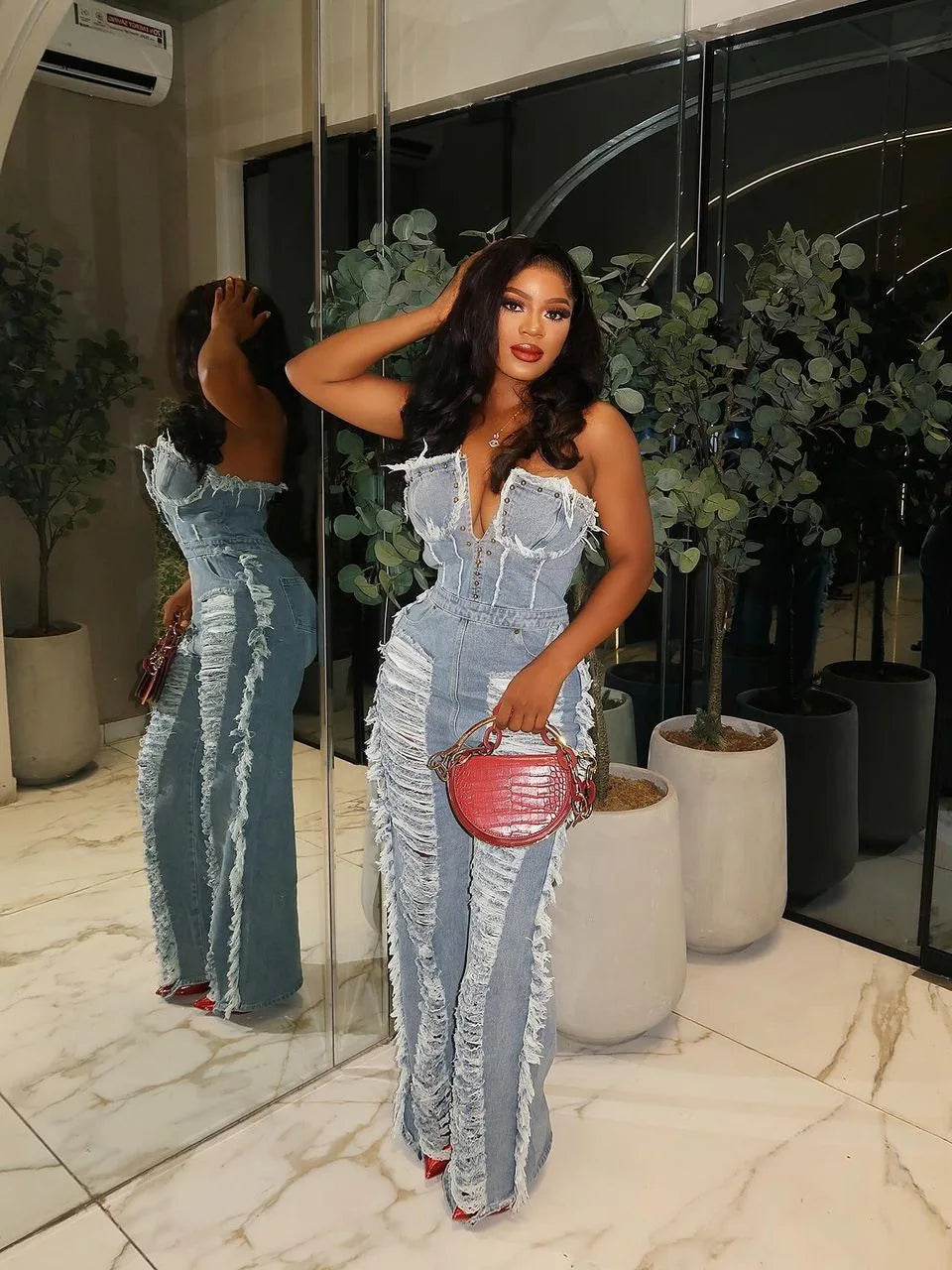 Tassel Hollow Out Overalls For Women Studded Diamond Strapless Backless Jeans Street Fashion Trend Jumpsuite Femme
