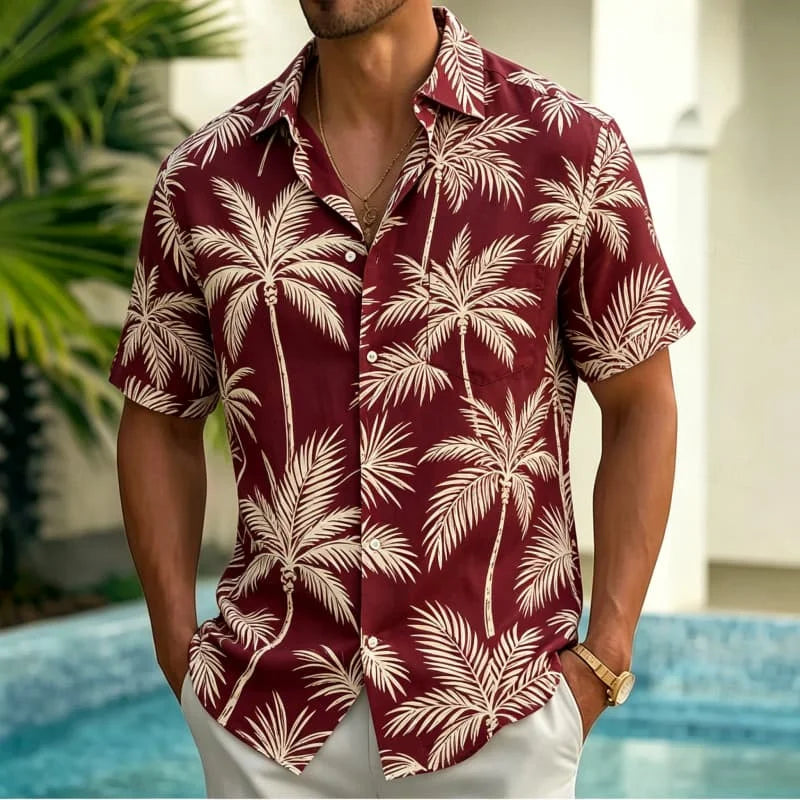 Men's Line Drawing Style Tropical Printed Short Sleeved Pocket shirt, Fresh And Simple style, For Vacation And Daily Wear
