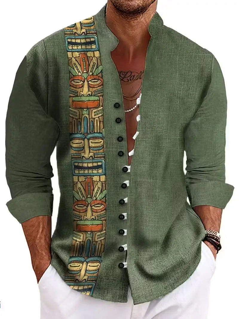 Men's Ethnic Embroidery Long Sleeved Shirt with Red and Black Floral Pattern, Comfortable and Fashionable Linen Long Shirt