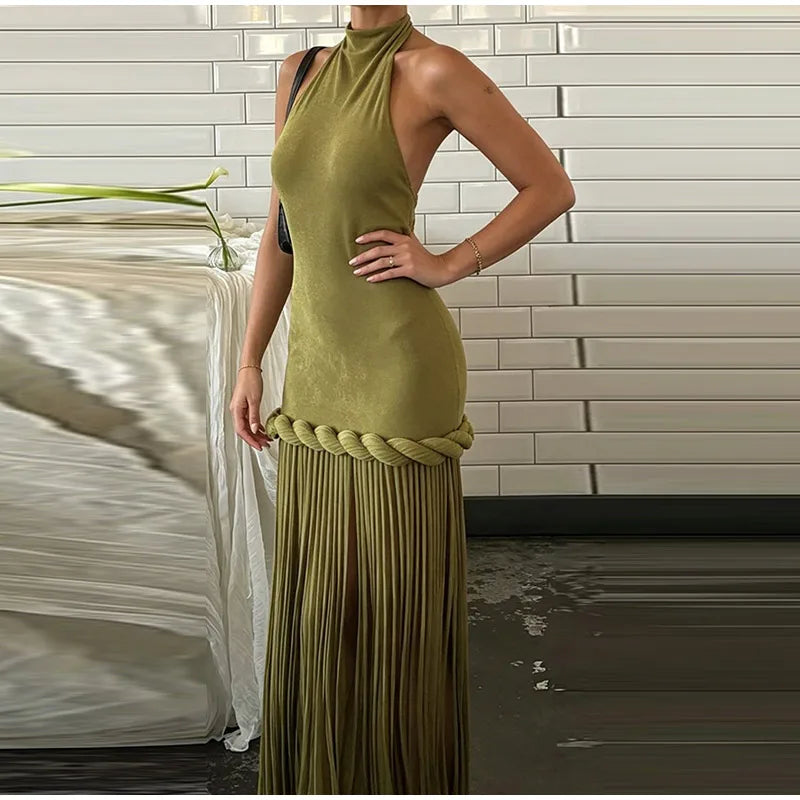 Women Solid Braided Trim Cutout Maxi Dress Sleeveless High Slit Bodycon Fit Gown 2026 Summer Elegant Evening Formal Party Outfit
