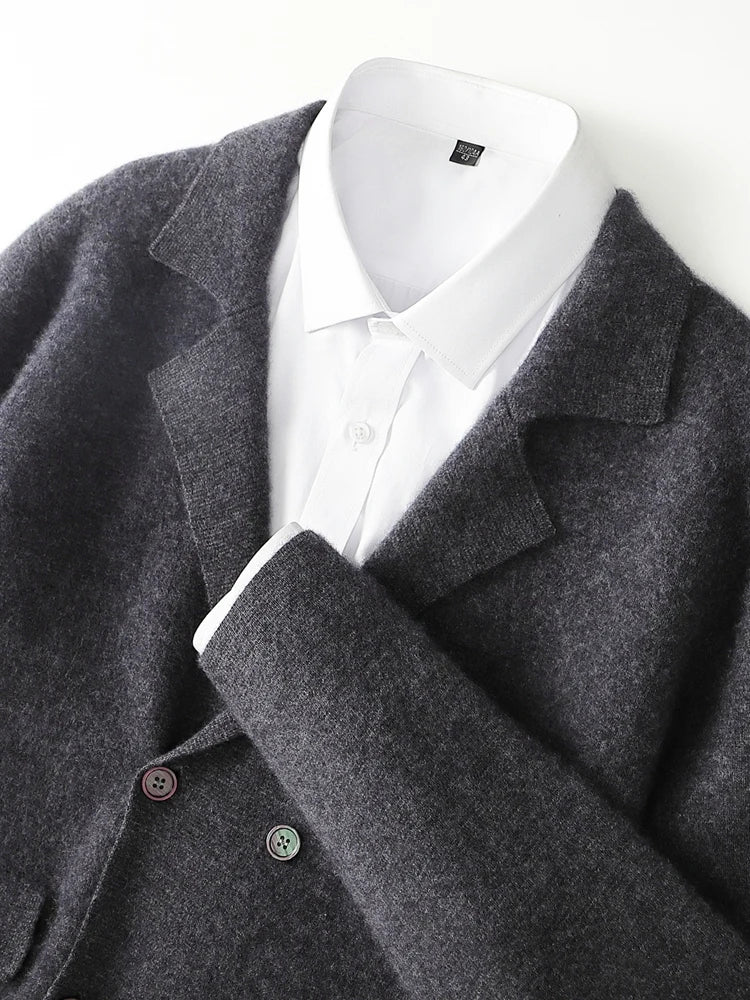 100% Merino Wool Sweater Men's Suit Collar Cardigan Smart Casual Knitwear Autumn Winter Cashmere Solid Coat Pockets Clothing Top