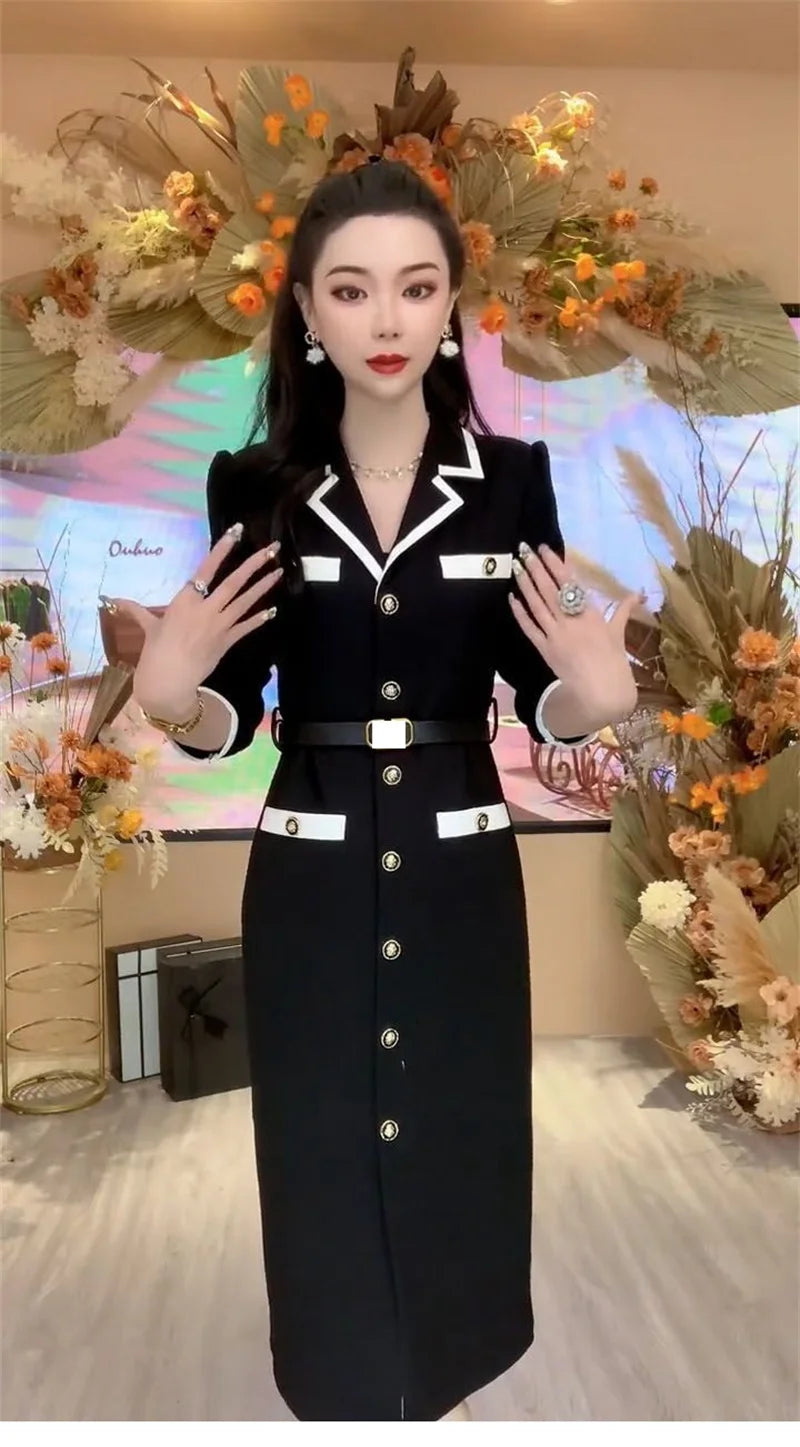 Women Fashionable New Button Decoration Small Fragrant Autumn Long Sleeve Dress Light Luxury High Waist Thin Mid length Dress