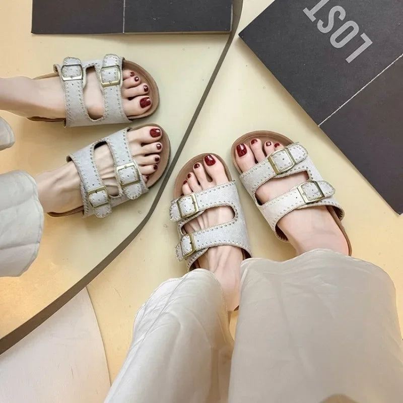 Women's Flat Slide Sandals Open Toe Suede Look Double Buckle Strap Slip on Whipstitch Detail Casual Summer Daily Walking Shoes