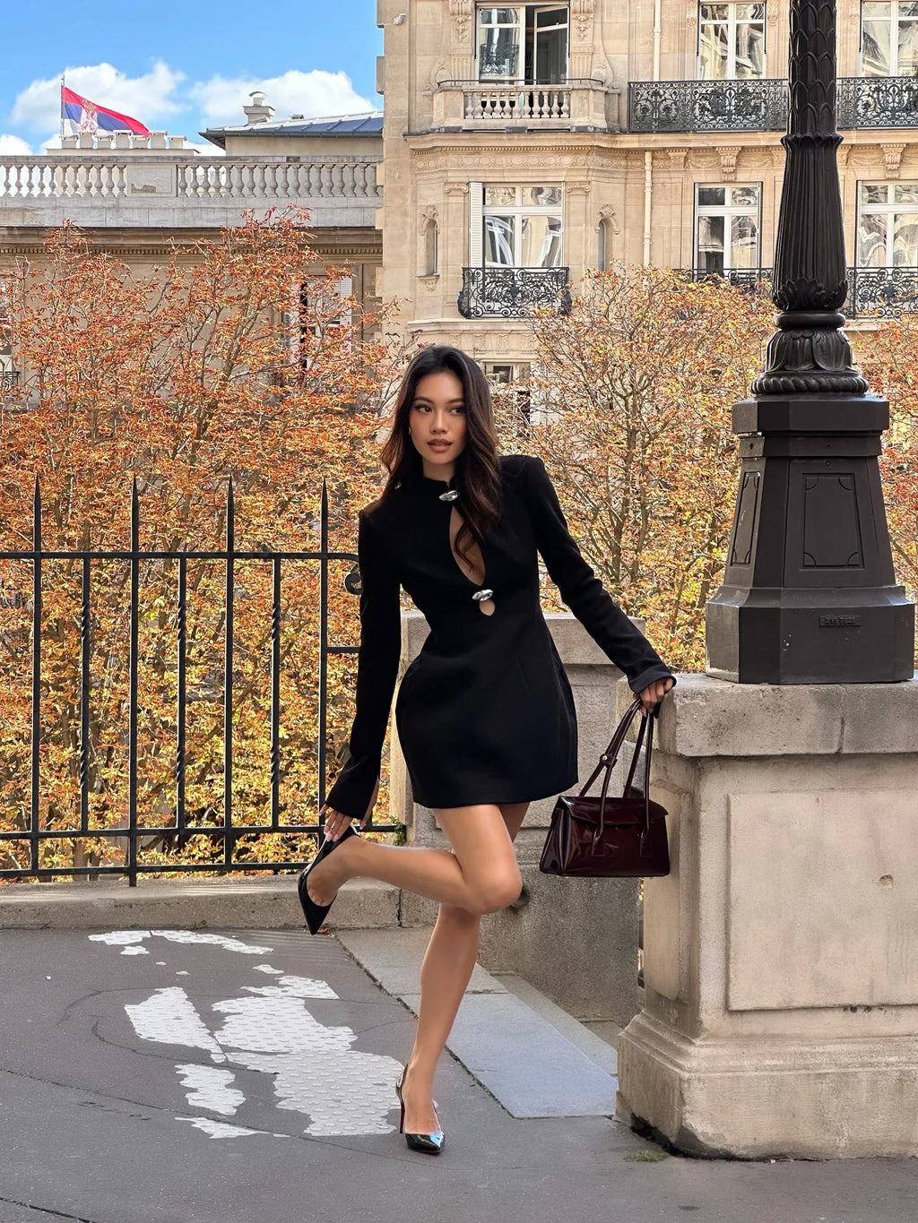 Elegant Hollow Out Mini Dress Women Sexy Long Sleeve Bodycon Waist Cinching Vestidos 2025 Chic Autumn Office Lady Commute Robes