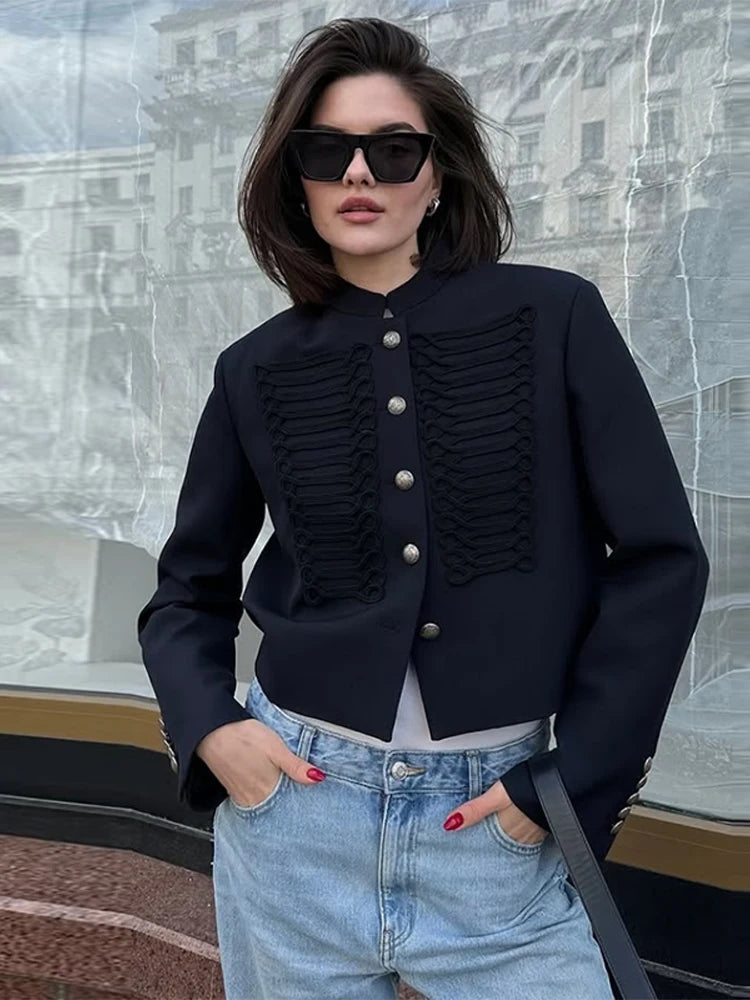 Fashion Black Court Style Cropped Jacket For Women Elegant O-neck Long Sleeve Double Breasted Coat Lady 2026 Spring Chic Outwear