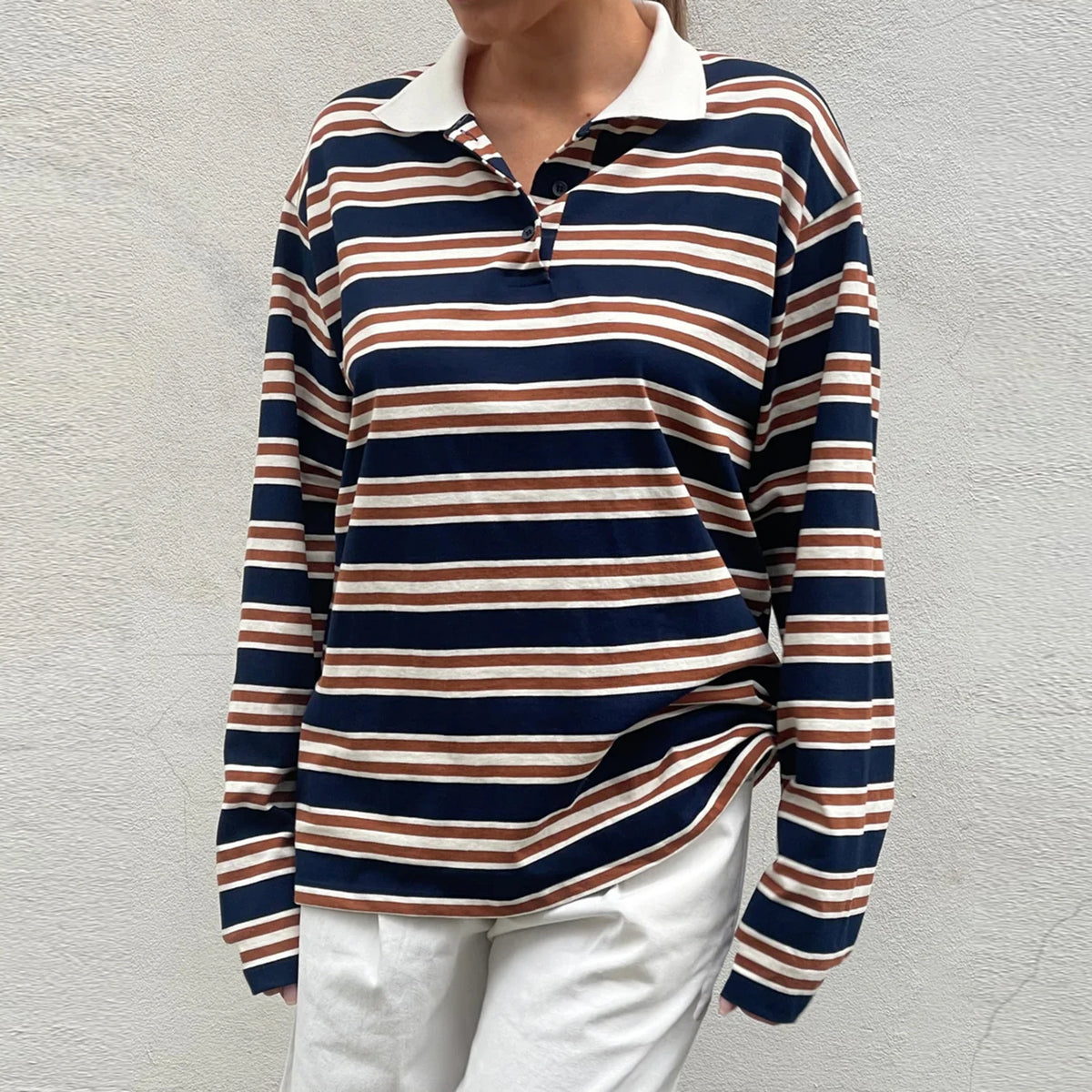 New Fashion Women T-Shirt Long Sleeve Turn Down Collar Stripes Fall Tops Streetwear For Casual Daily Hot Sale S M L