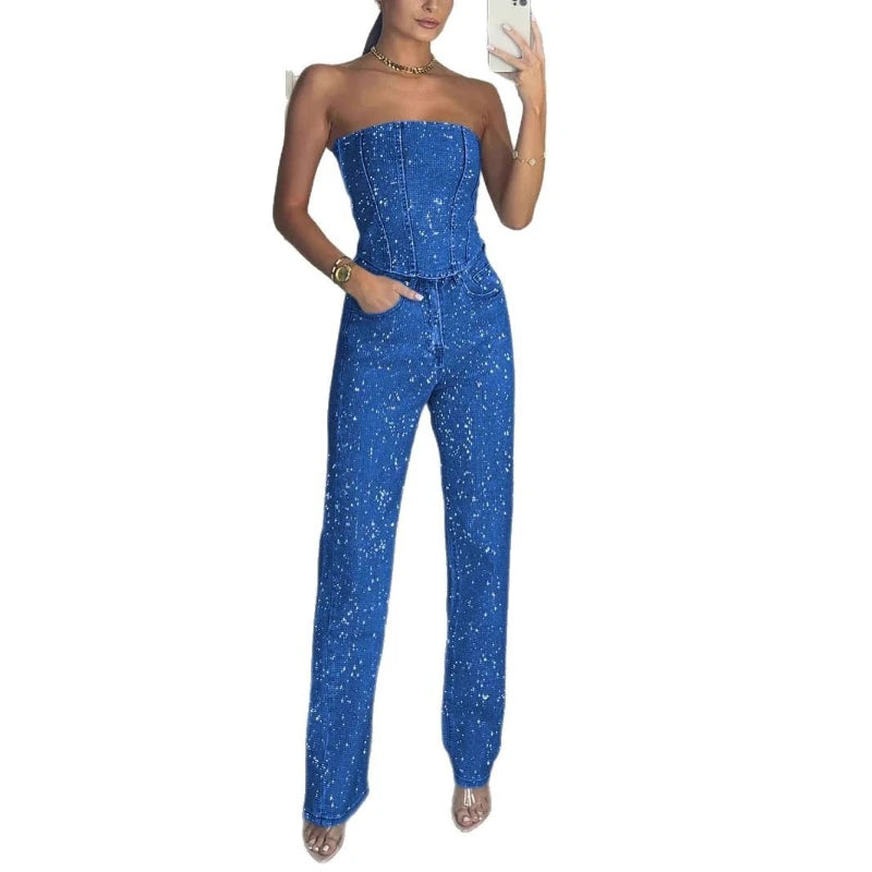 Denim Pant Set Women Two Piece Sets Sexy Strapless Sleeveless Tops Long Pants High Waist Y2k Streetwear Elegant Work 2026