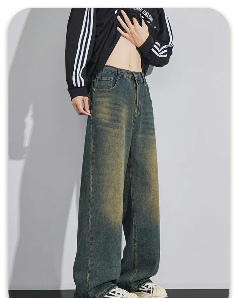 Men's Denim Pants Vintage Washing Wide Leg Loose Jeans Casual Straight American Style  Street Men Trousers Four Seasons New 2026