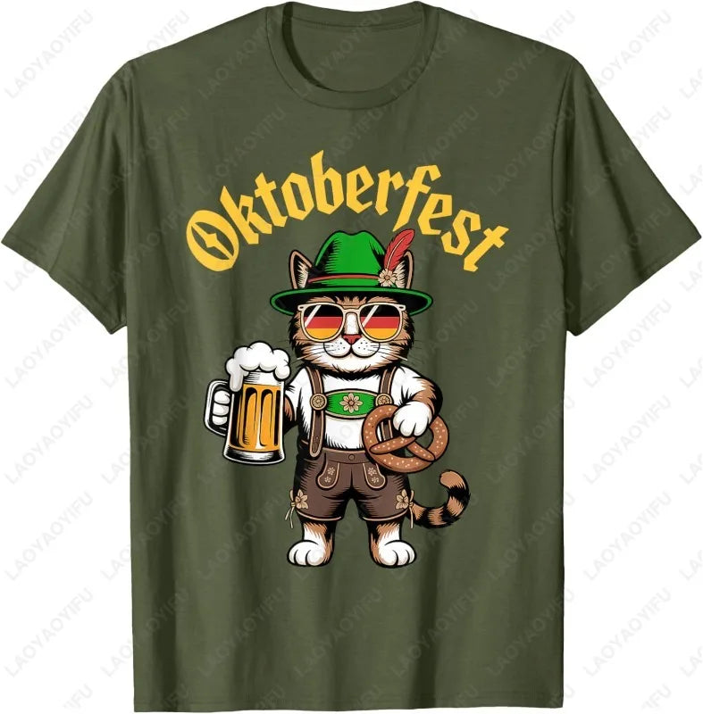Funny Oktoberfest Cute Cat Pretzel Beer Funny Party Adults T-Shirt Fashion Y2k Streetwear Men Woman High Quality Cotton Tees