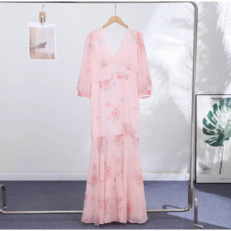 Elegant Print Women Long Dress Chic Ruffle Pleated Short Sleeve V-neck Waist-Closed Female Dresses 2026 Summer Beach Lady Robe