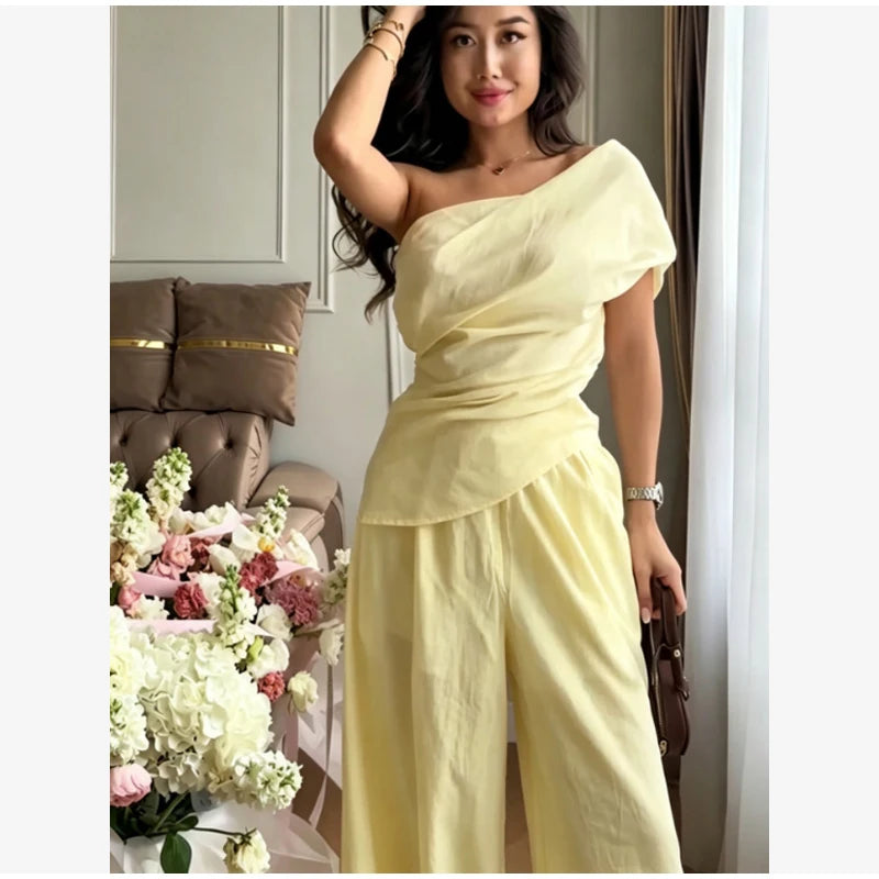 Solid One Shoulder Top Lantern Pants Set Women Chic Cotton Linen T-shirt Wide-leg Pants Suit Elegant Lady Summer Daily Outfits