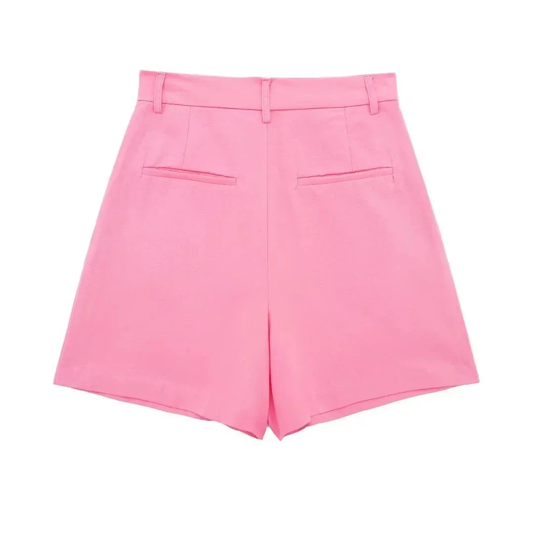 HH Women Solid Casual 2 Piece Set V Neck Single Breasted Vest Top High Waist Slim Shorts Female Casual Office Lady Daily Wear