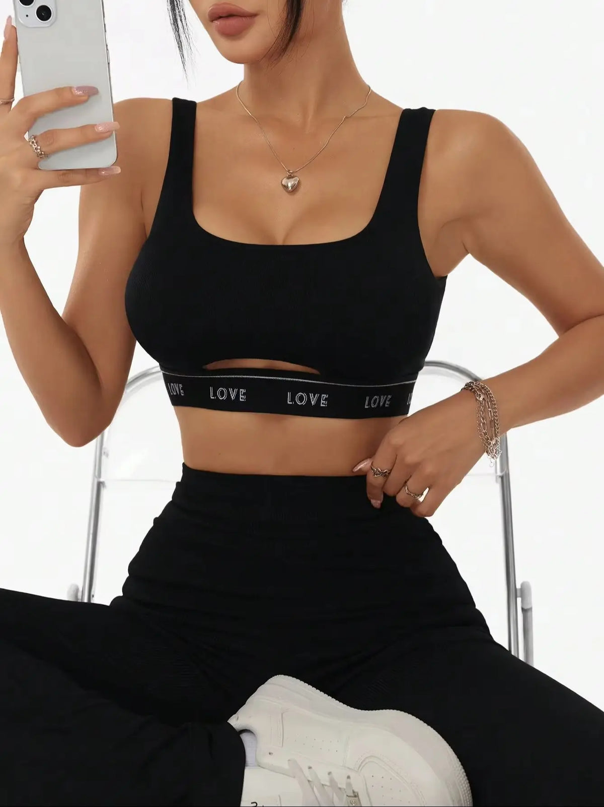 Women Letter LOVE Band Cutout Sports Bra Ribbed U Neck Padded Crop Top Wide Strap Fitness Yoga Workout Athletic Bralette