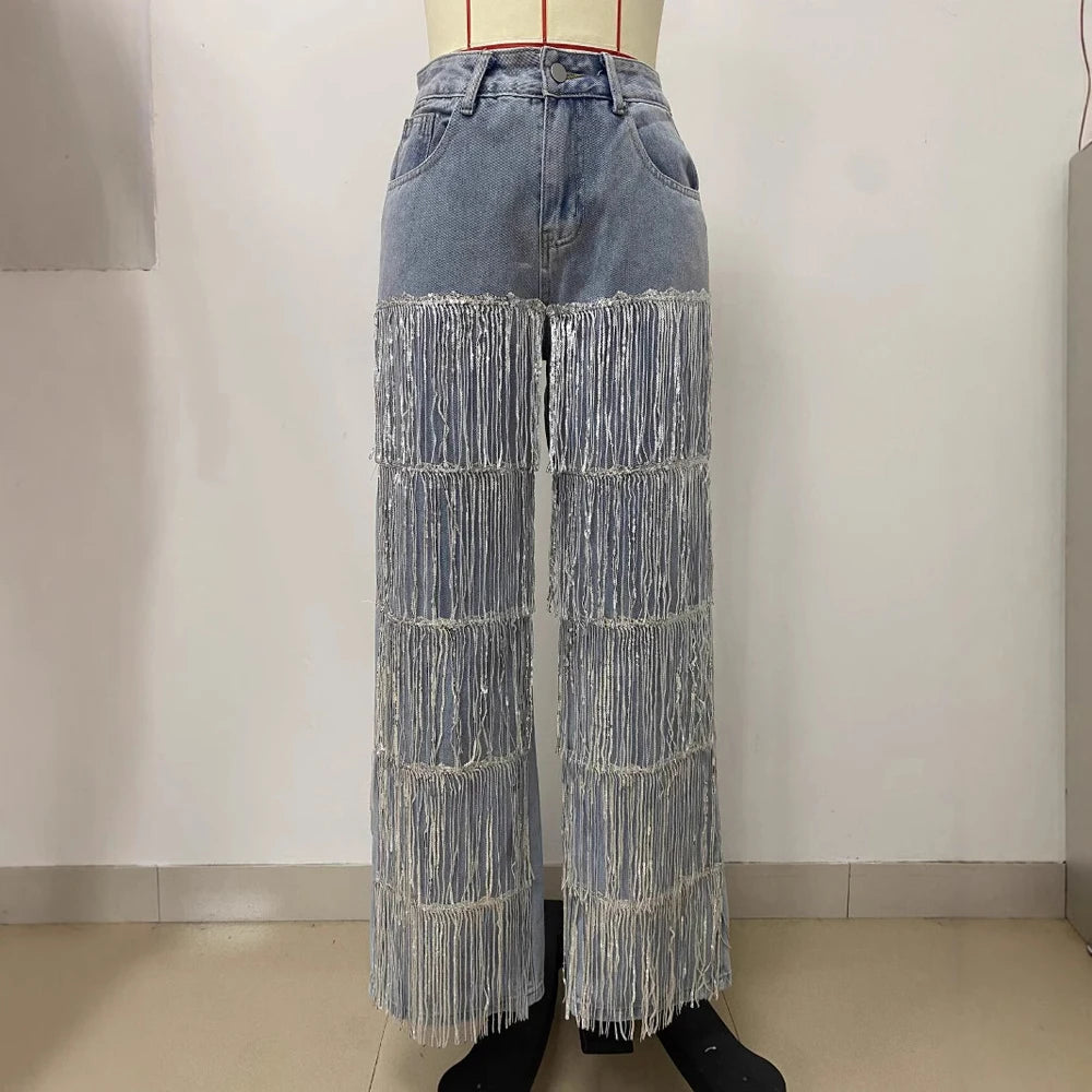 Trendy Tassel Design Womens Jeans Streetwear High Waisted Denim Pants Sparkly Sequin Party Vintage Straight Leg Jean Trousers