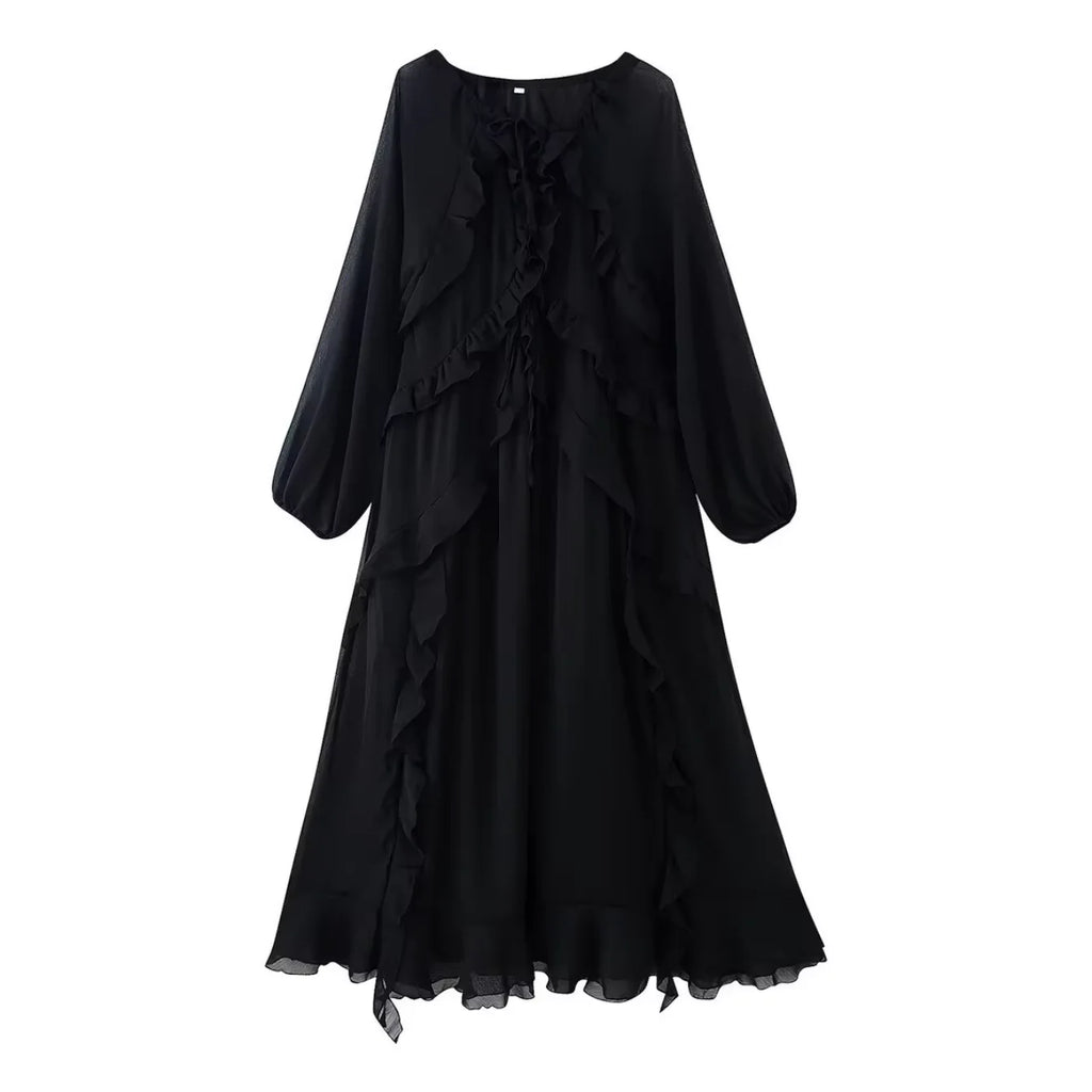 2026 Casual Solid Ruffles Patchwork Robe Women Minimalist Full Sleeve Mesh Loose Fit Lace Up Maxi Dress Vacation Daily Date Wear