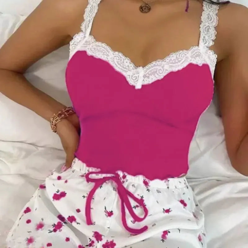 2026 Women Sexy Lace Vest Shorts Pajamas Women's Slim Fit Two-piece Home Outfit Summer Low Rise Casual Print Short Pants Top Set