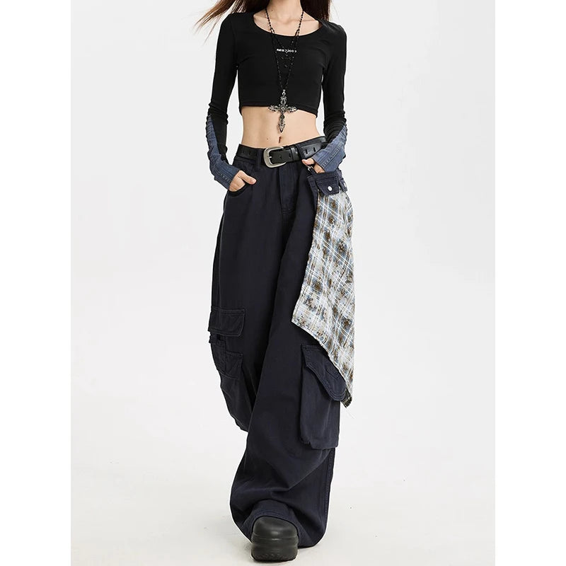 ZHIZOU Women Black Baggy Y2k Cargo Jeans Japanese 2000s Style High Waist Jean Pants Vintage Harajuku Oversize Denim Trousers