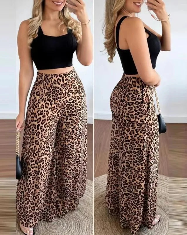 Women Two Piece Sets Outfits 2024 Summer Fashion Square Neck Sleeveless Crop Tank Top & Leopard Print Pocket Wide Leg Pants Set