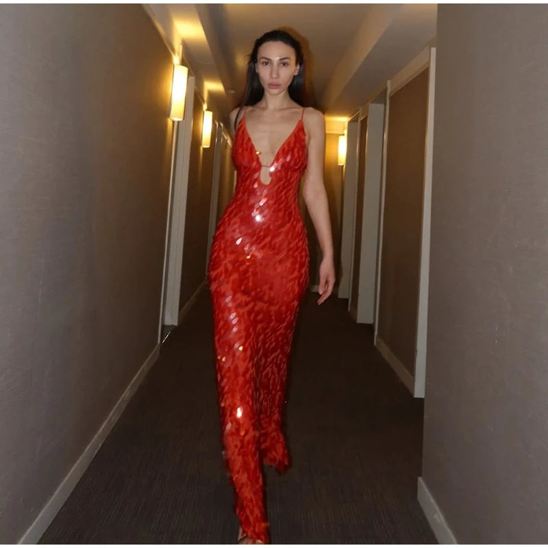 Women Sequin Sling Maxi Dress V-neck Solid Backless High Waist Sleeveless Dresses 2025 Fashion New Summer Lady Party Robes