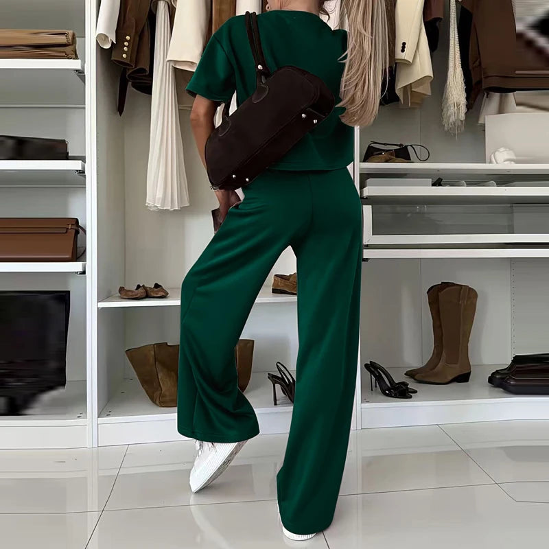 Women Fashion Simple Solid 2 Piece Sets Elegant O-neck Pullover Tops & Long Pant Suits Casual Short Sleeve Loose Summer Outfits