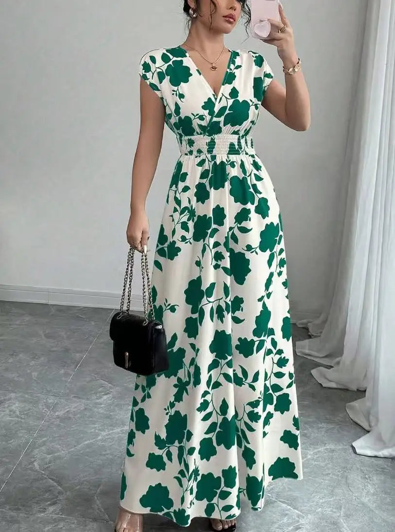 2026 Women's New Fashion Casual Daily Comfortable Elegant Lace-up Floral Print V-neck Short Sleeve Waist Women's Long Dress