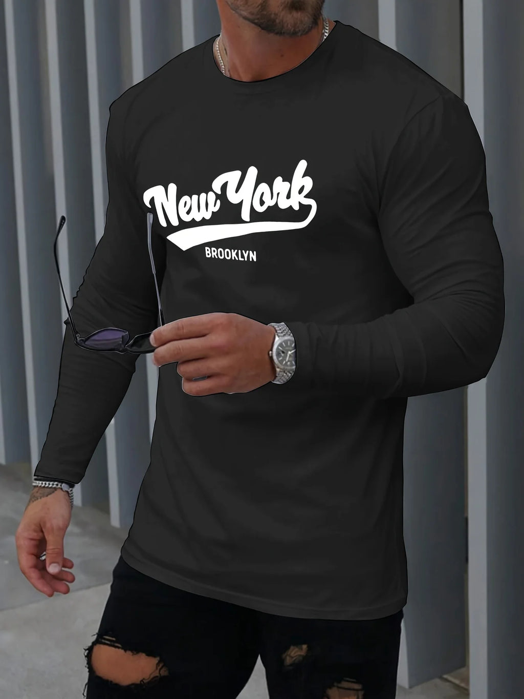 Men's 100% pure cotton summer loose comfortable casual  NEW YORK print large round neck  long sleeve T-shirt top