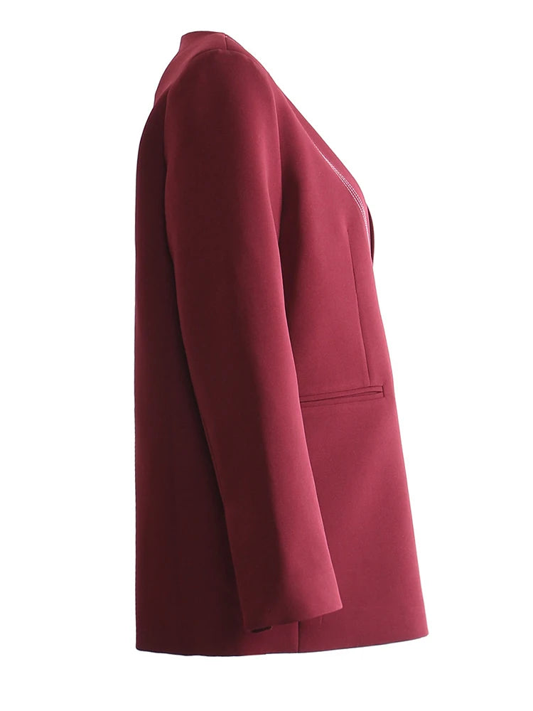 [EAM] Women Wine Red Topstitched Big Size Elegant Blazer New V-neck Long Sleeve Jacket Fashion Tide Spring Autumn 2026 1DH7919