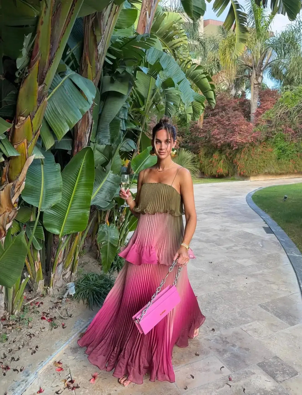 Chic Multicolored Pleated Women Maxi Dress Elegant Spaghetti Strap Ruffle Tiered Flowy Vestidos 2026 Summer Lady Vacation Outfit