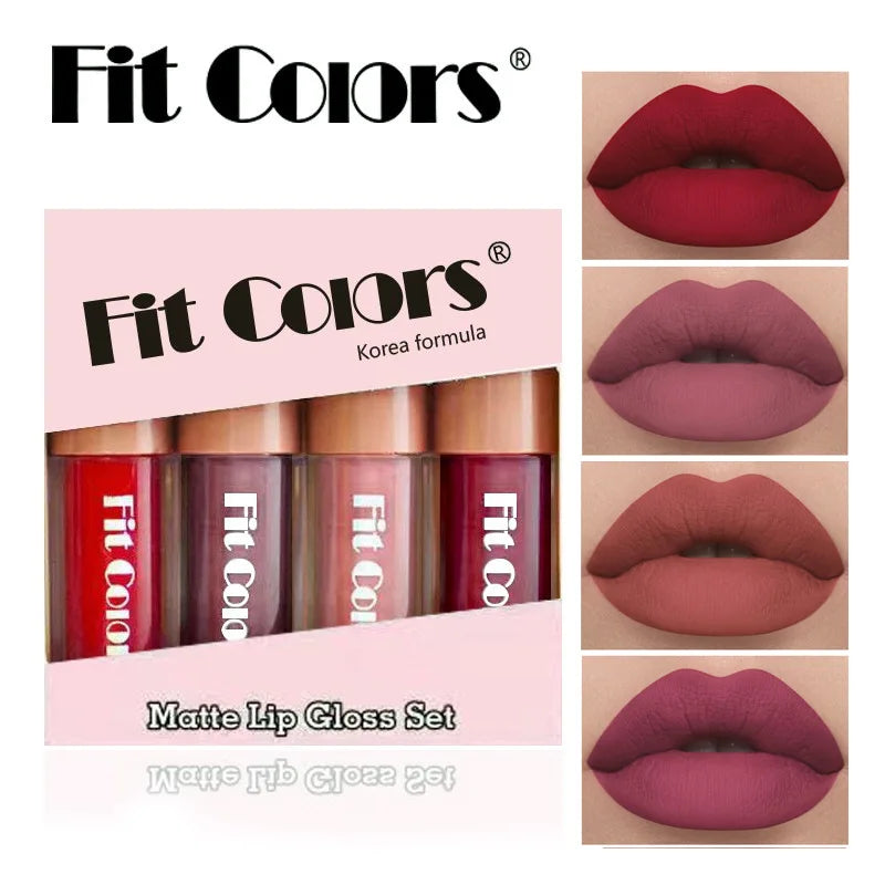 Fit Colors 4-Piece Velvet Lip Gloss Set - Non-Transfer Matte Diamond Finish Long-Lasting Waterproof Lip Gloss Collection