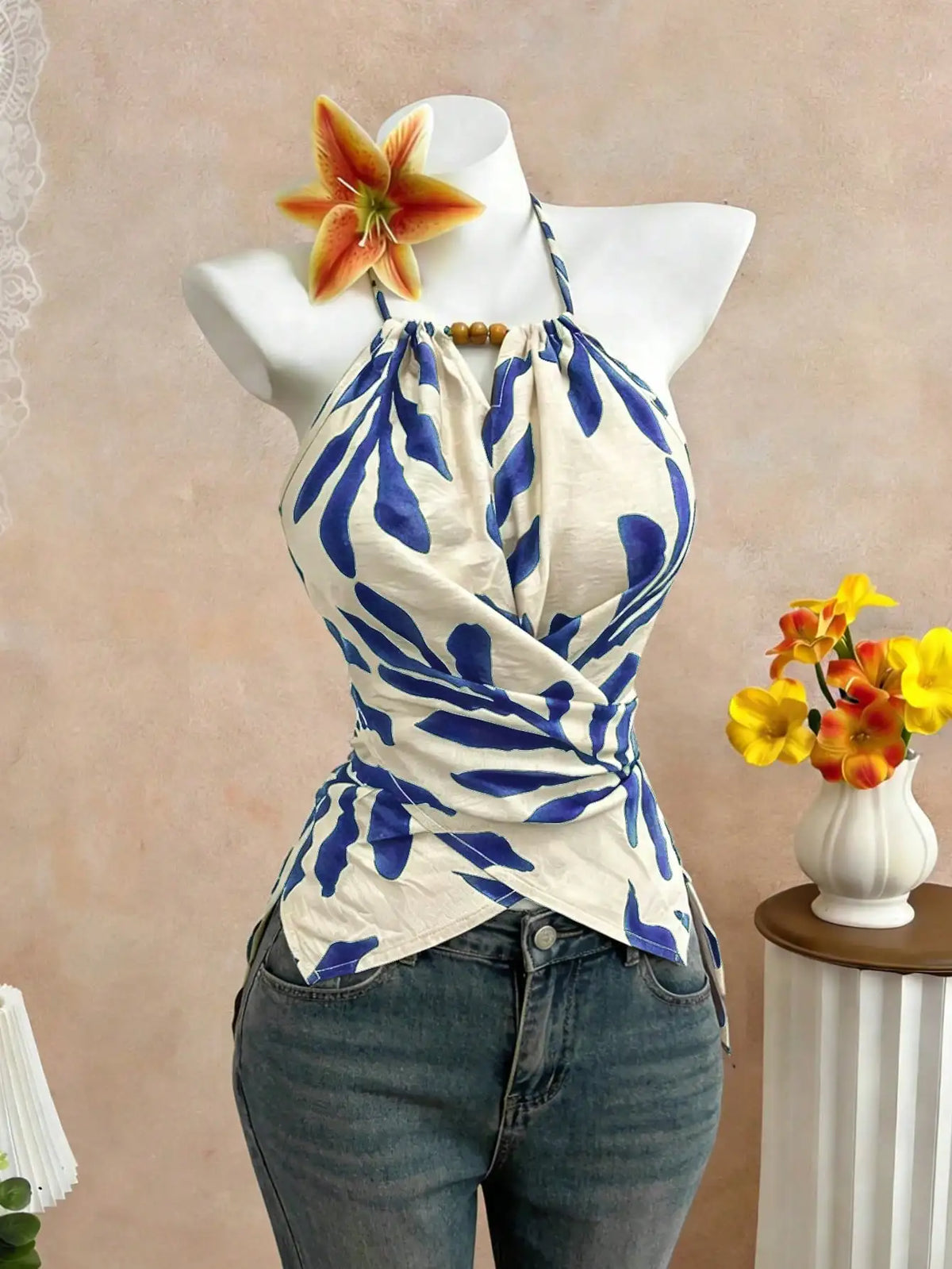 Green Leaf Print Halter Tank Top Women Back Tie Sleeveless Wrap Front Slim Summer Beach Camisole