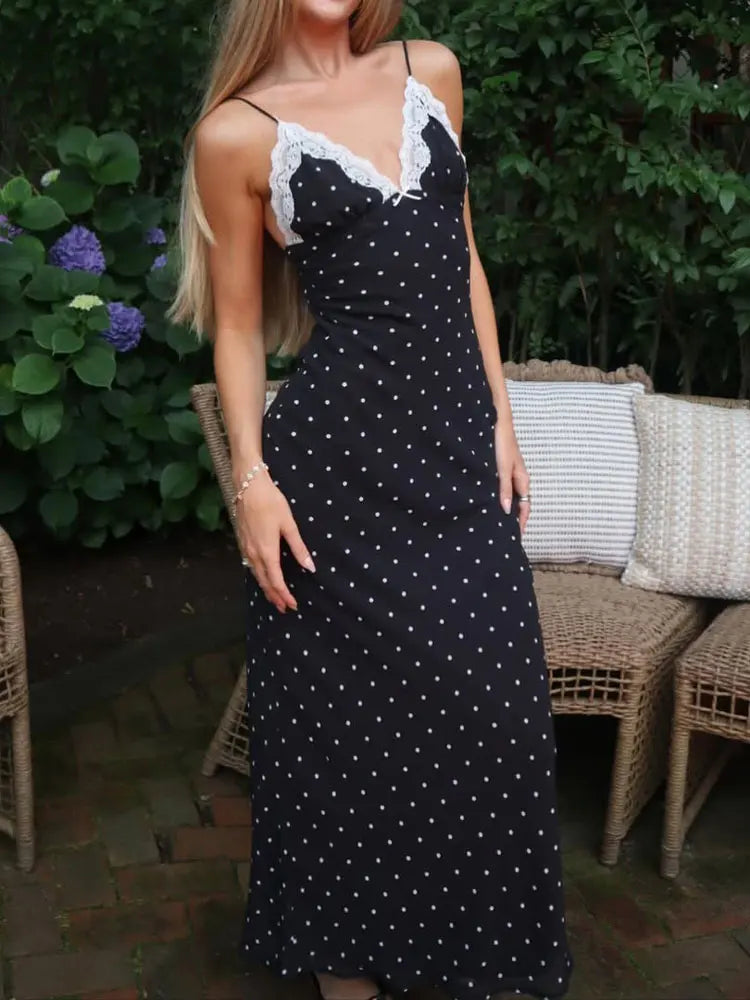 Lace V-Neck Patchwork Maxi Dress Women Backless High Waist Slim Spaghetti Contrast Party Dress Female Spring Long Dress Hot Sale