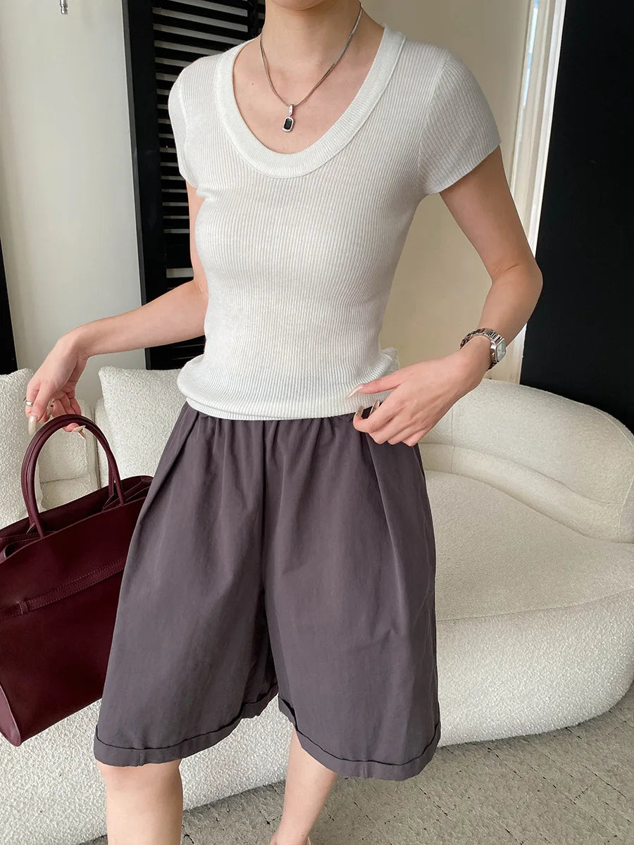 Summer women's relaxed loose wide leg A-line casual shorts versatile