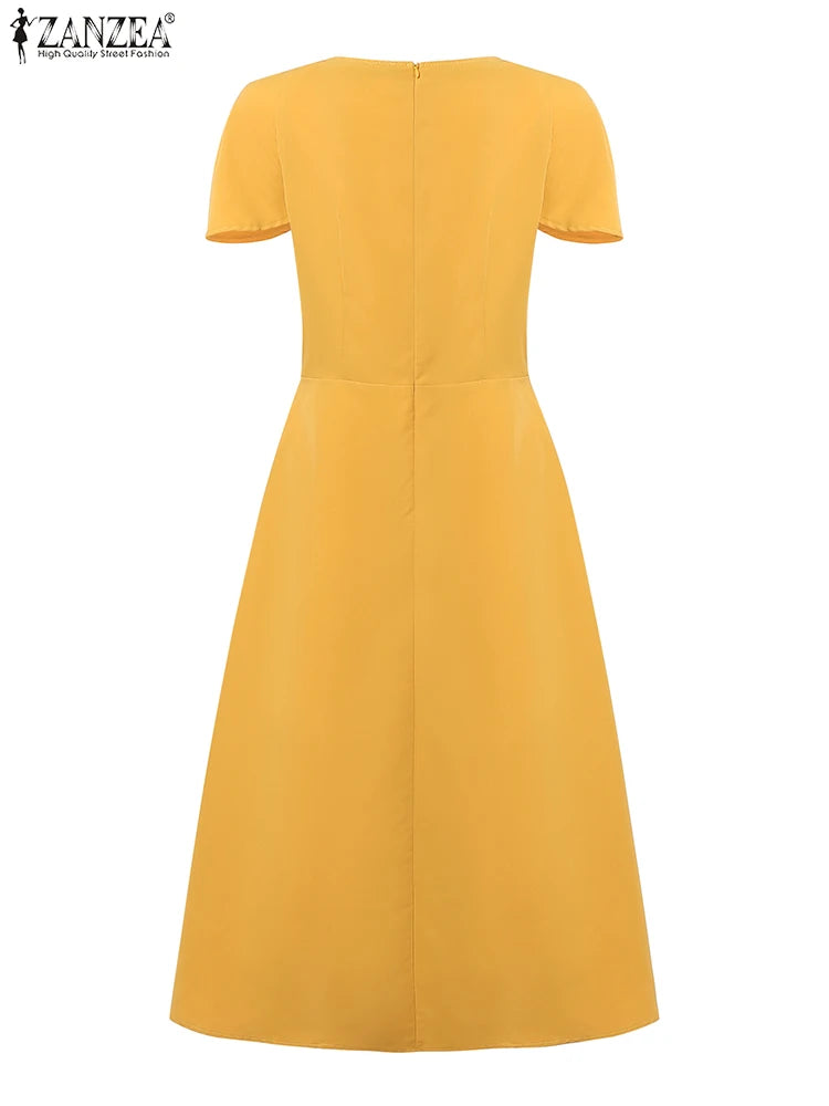 ZANZEA Elegant Chic Women A-Line Dresses Summer Fashion Square Neck Short Sleeve High Waisted Midi Robes Femme Office Vestidos