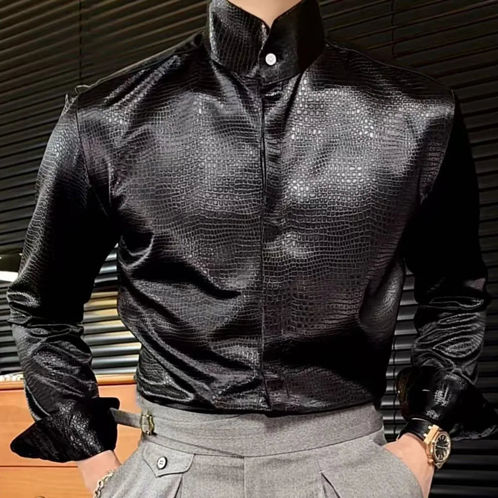 Stand Collar Men Shirt Office Long Sleeve Shirt Streetwear Leopard Print Shirt Social Business Shirt Men Camisa Social Masculina