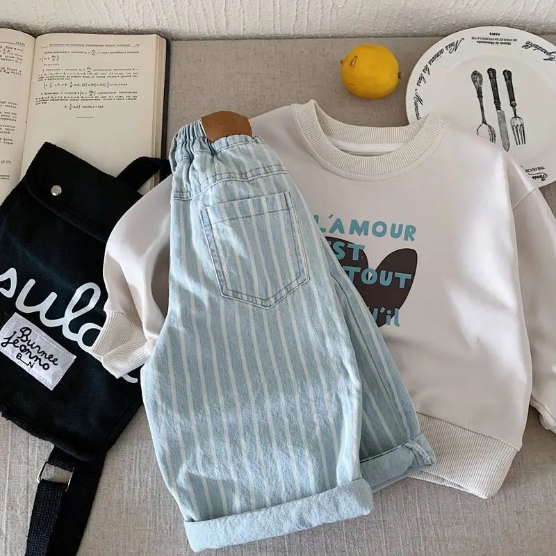 Children's Cotton Soft Retro Stripe Jeans Spring and Autumn Boys and Girls' Casual Loose Straight Pants 80-130cm