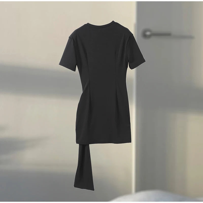 Elegant Mini Dress Woman Ribbons Slim O-neck Short Sleeve Above Knee Dresses Female Spring Summer Party Robe Lady High Street