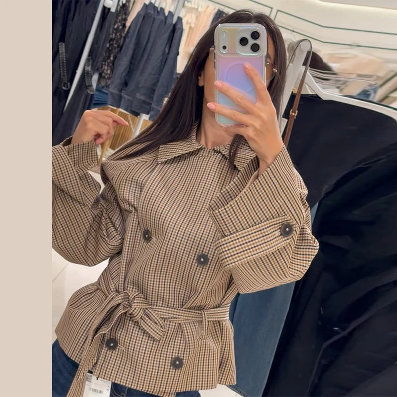 Loose Plaid Lace Up Jacket Women Vintage Double Breasted Full Sleeve Lapel Belts Jackets Female 2026 Autumn Outwear Lady