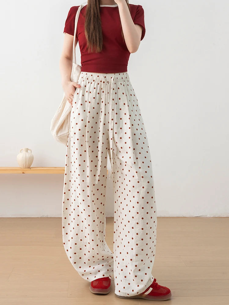 Linen Polka Dot Wide-Leg Pants for Women's Summer, Thin High-Waisted Loose and Laid-Back Style Yamamoto Pants, Casual Straight-L