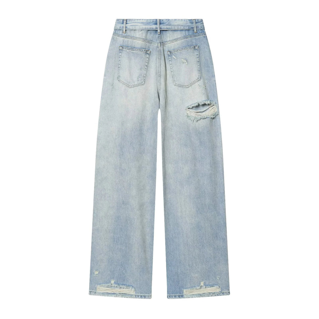 European and American style 2026 spring/summer new women's clothing mid waist casual ripped and flanged denim pants