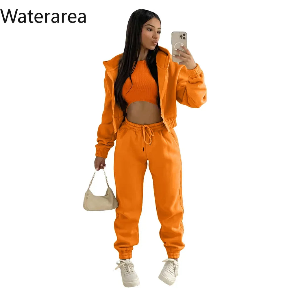 Waterarea Basic Active Women's Tracksuit Hooded Track Jacket +vest and Jogger Pants Suit Matching Three 3 Piece Set SportOutfits