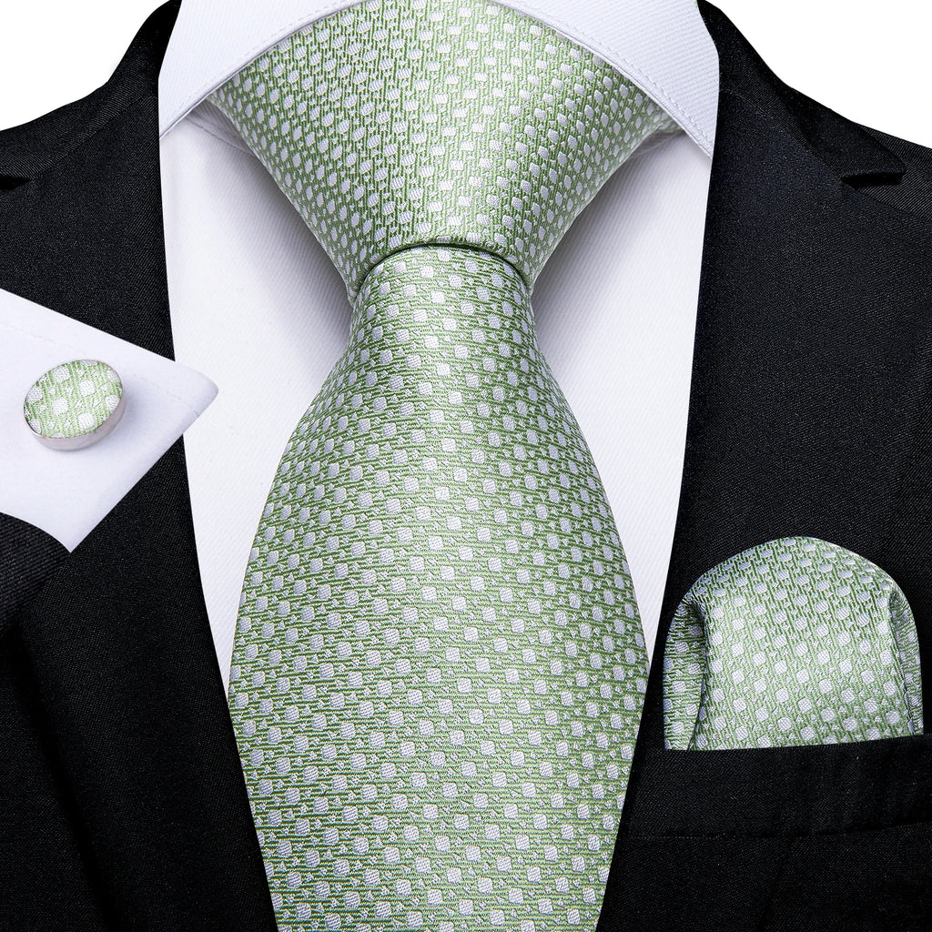 8cm Men's Polyester Ties Pocket Square Cufflinks Green Gold Paisley Wedding Party Accessories Necktie Gift