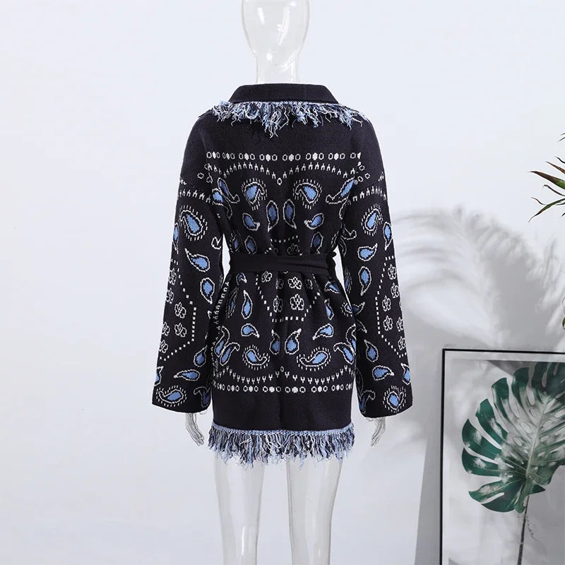 Casual Print Tassel Cardigan Women Elegant Belt V-neck Long Sleeve Knitted Sweaters Female 2026 Autumn Winter Knitwears Lady