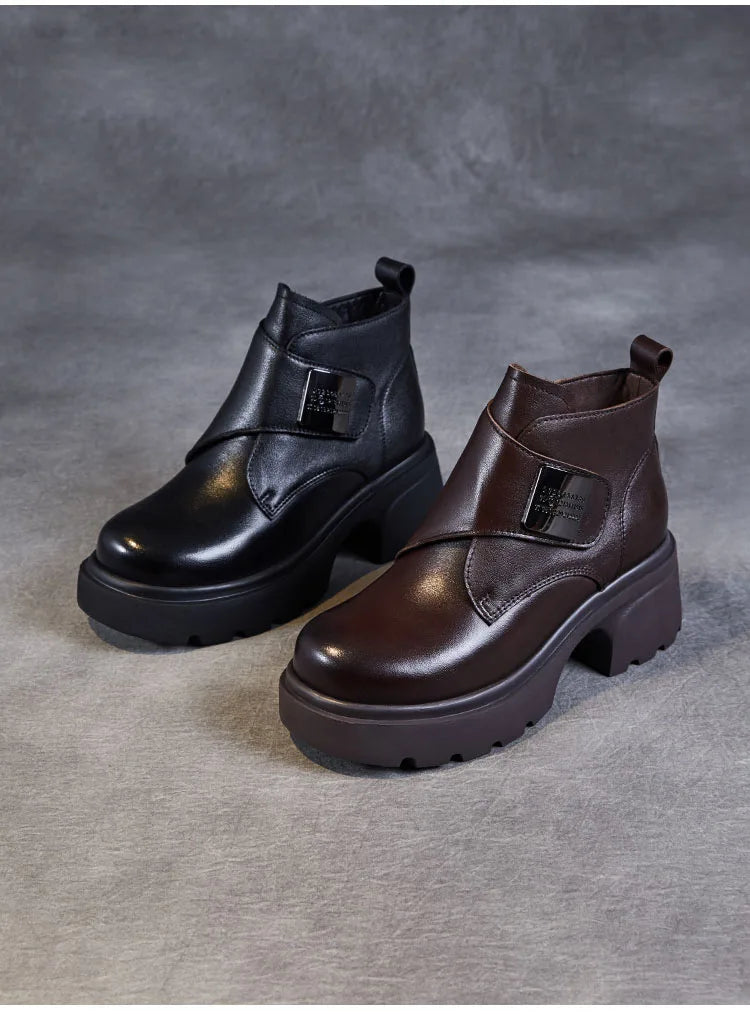 DRKANOL Wide Head Design Women Platform Boots Autumn Winter Warm Thick High Heel Hool And Loop Metal Genuine Leather Ankle Boots