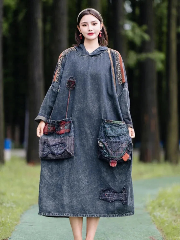 Amax LuluE 2026 Spring Ladies British Vintage Oversized Denim Dress Fashion Classic Hooded Clothes Women Punk Patchwork Vestidos