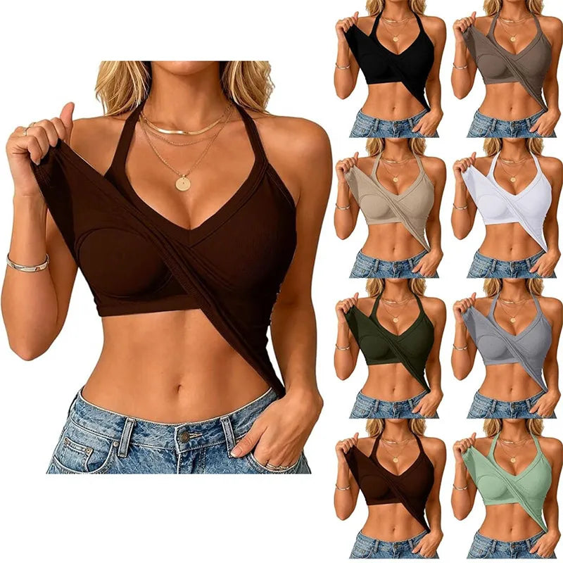 Women Sexy V Neck Sling Camisole Solid Color Halter Tank Top With Built-in Padded Bra Breathable Outer Wear Inner Daily Casual