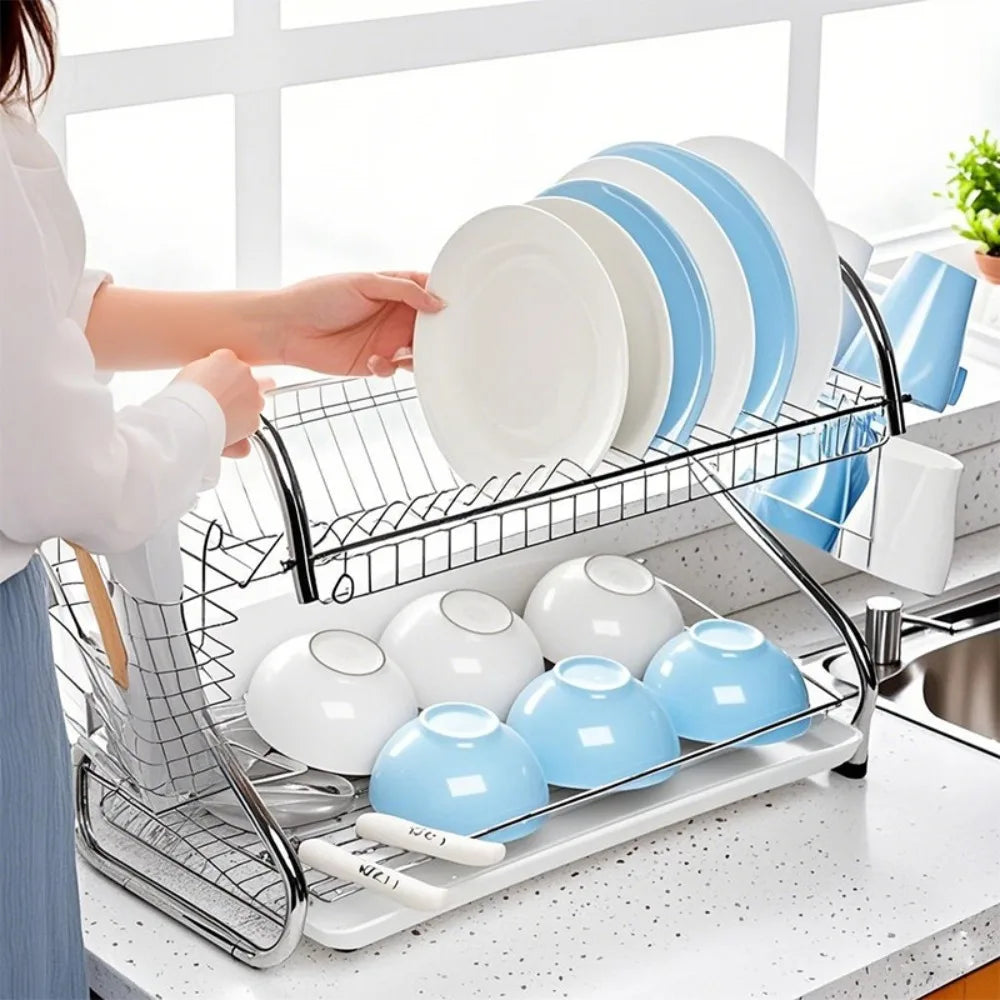 Kitchen Cutlery Organizer 2 Tier S-Shaped Dish Drainer Space-saving Metal Dish Drying Rack Stable Cup Drainer Chopsticks