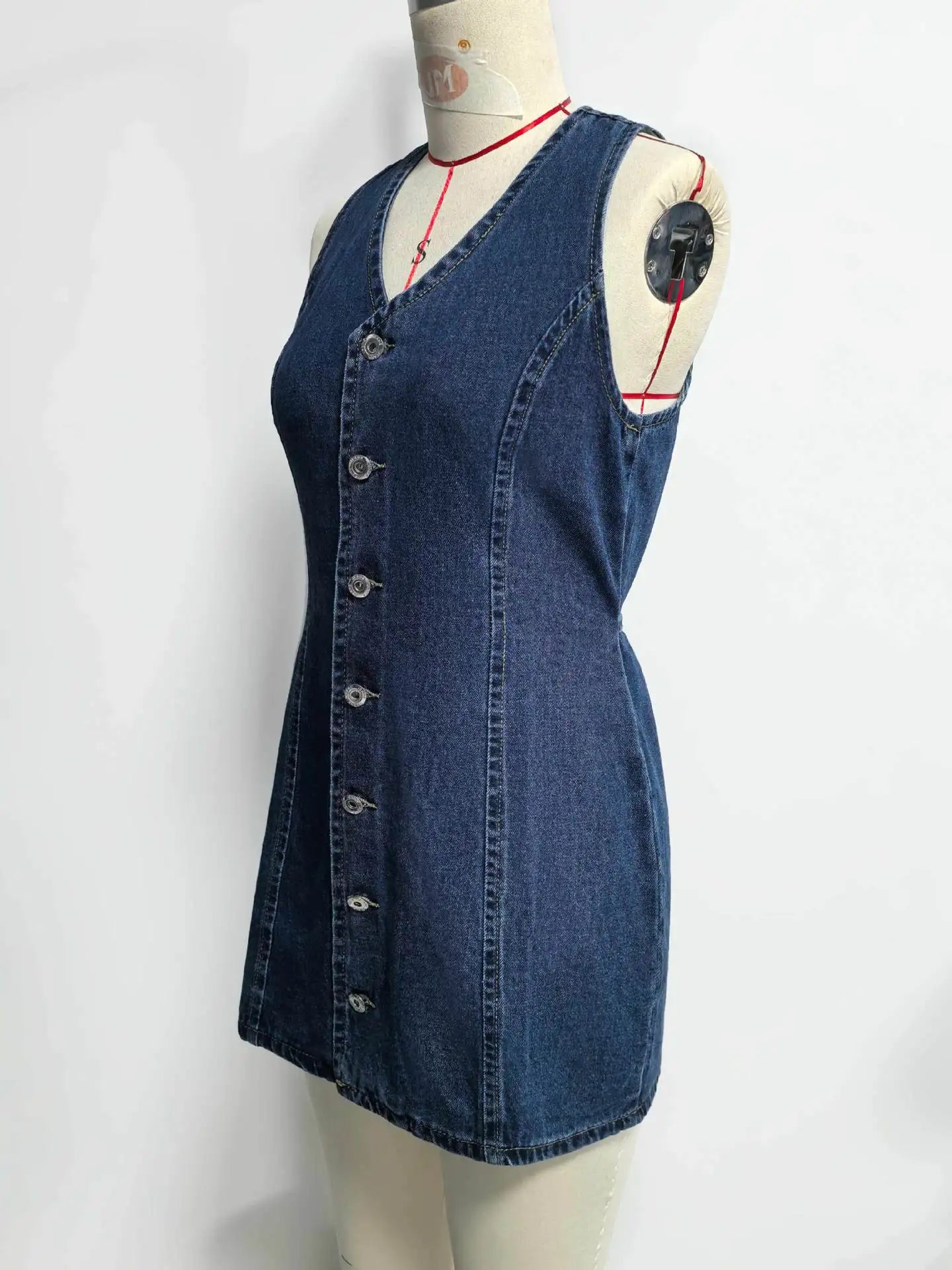 Women's Retro Spicy Girl Design Sleeveless Denim Dress Spring Summer Washed Denim Short Skirt High Waist V-neck Dress for Women