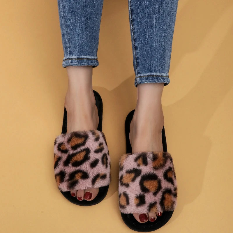 Fashion Women Leopard Print Fuzzy Plush Slippers Home Slides Soft Sole Non Slip Warm Cozy Indoor Casual House Ladies Footwear