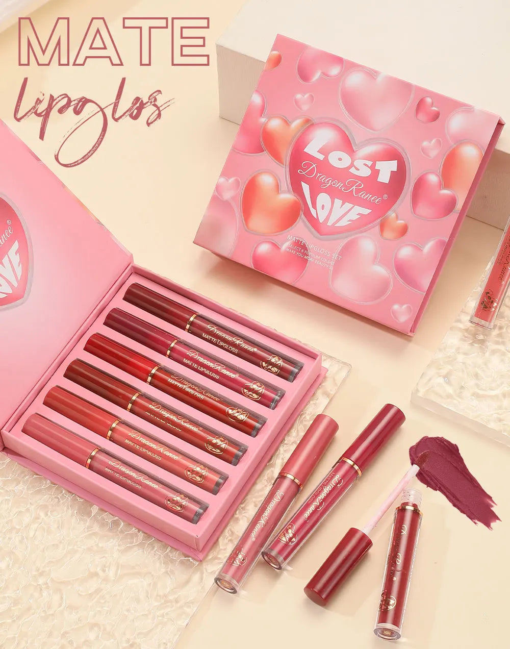 Set of Six Lip Glazes, Matte and Fine Texture, Easy to Apply, Non-Stick, Waterproof and Sweat-Proof, Versatile for Daily Use, Lip Gloss and Lipstick Set