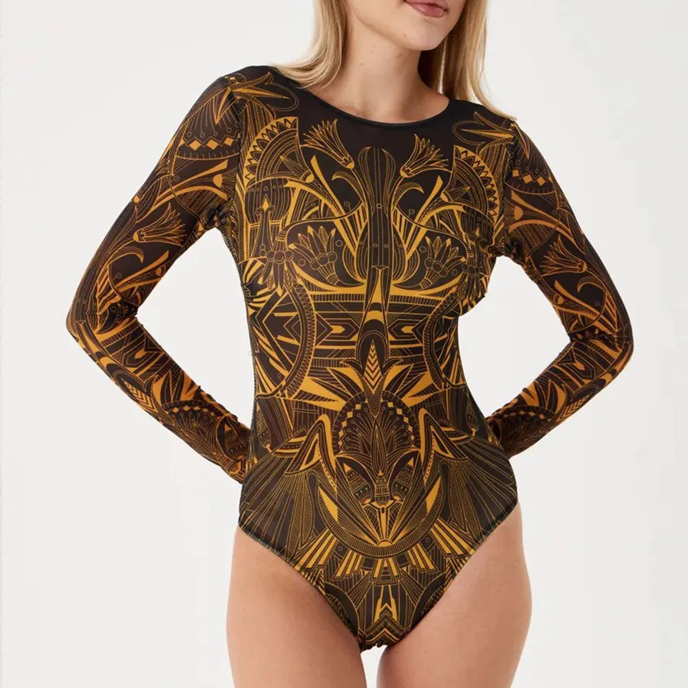 NEW Print Patchwork Sports Swimsuit for Women,Long Sleeve Zipper Conservative Bikini Monokini,beach Vacation Suit 2025